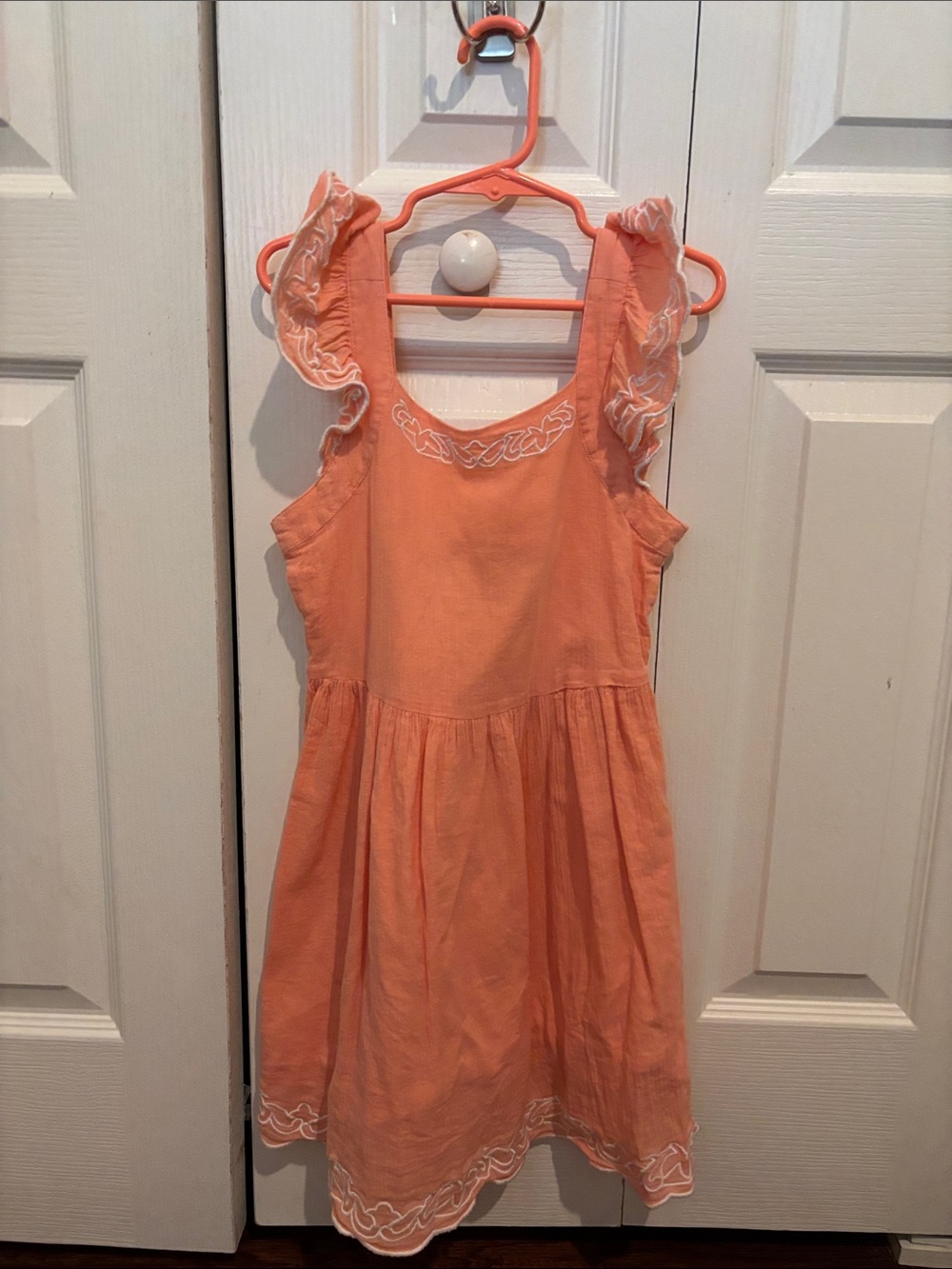 Girls Peach Embroidered Flutter-Sleeve Dress